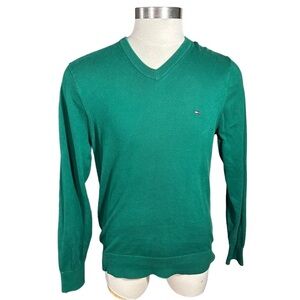 Tommy Hilfiger 100% Pima Cotton Green V-Neck Pullover Sweater Sz XL Flag Logo